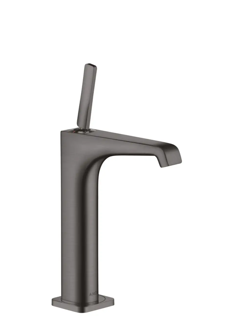 Waschtischmischer in brushed black chrome mit einem Hebelgriff, geeignet für Aufsatzwaschtische. Design von AXOR, klare geometrische Formen.